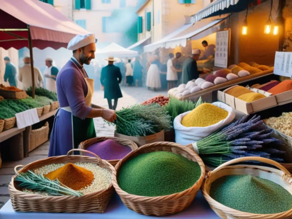 Un mercado vibrante en Provenza, Francia, con hierbas y especias francesas saludables en cestas tejidas, bañado por la cálida luz del sol