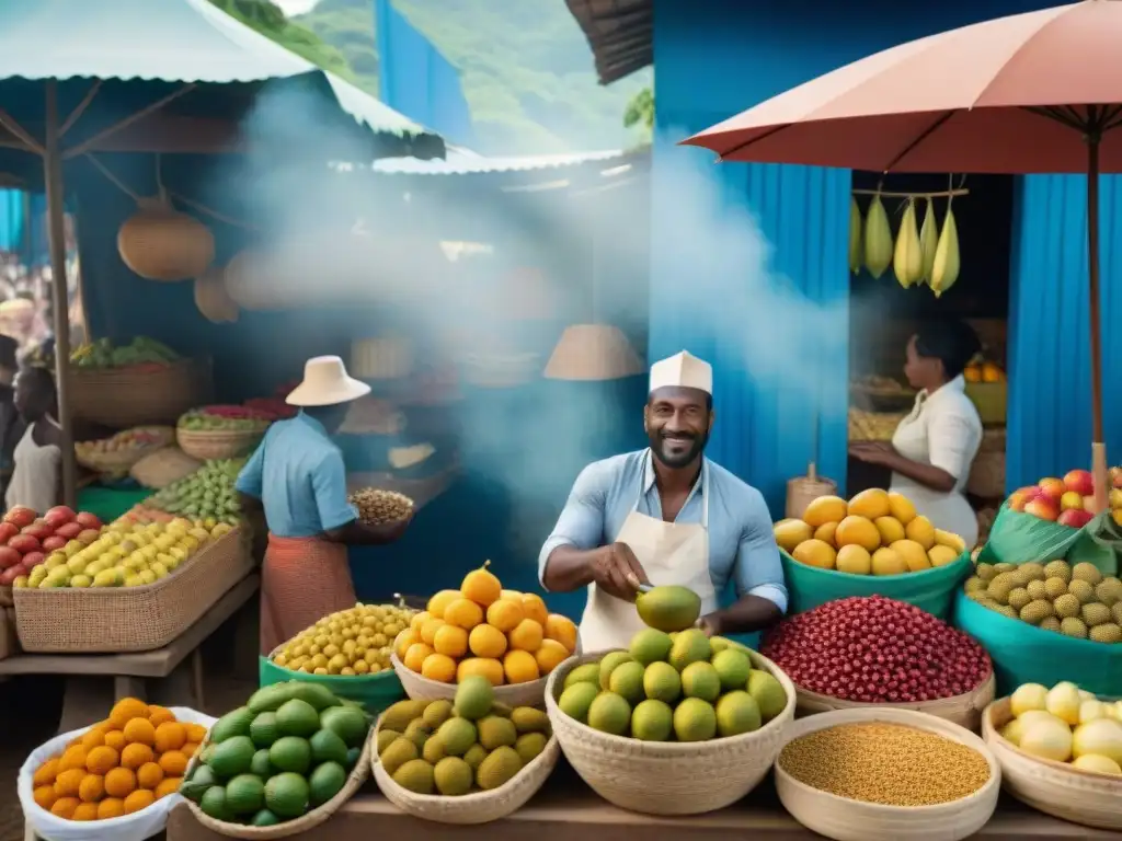 Un mercado vibrante en Mayotte con influencia culinaria de Reunión, mostrando colores, sabores y cultura local