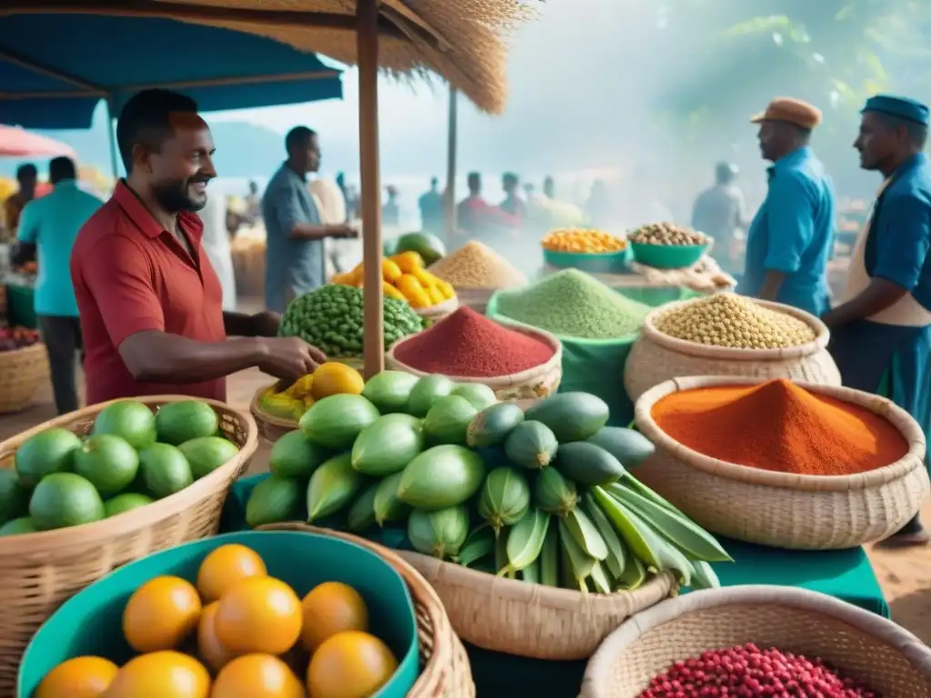 Un mercado vibrante en Mayotte con influencia cultural gastronomía Mayotte, lleno de colores y sabores únicos