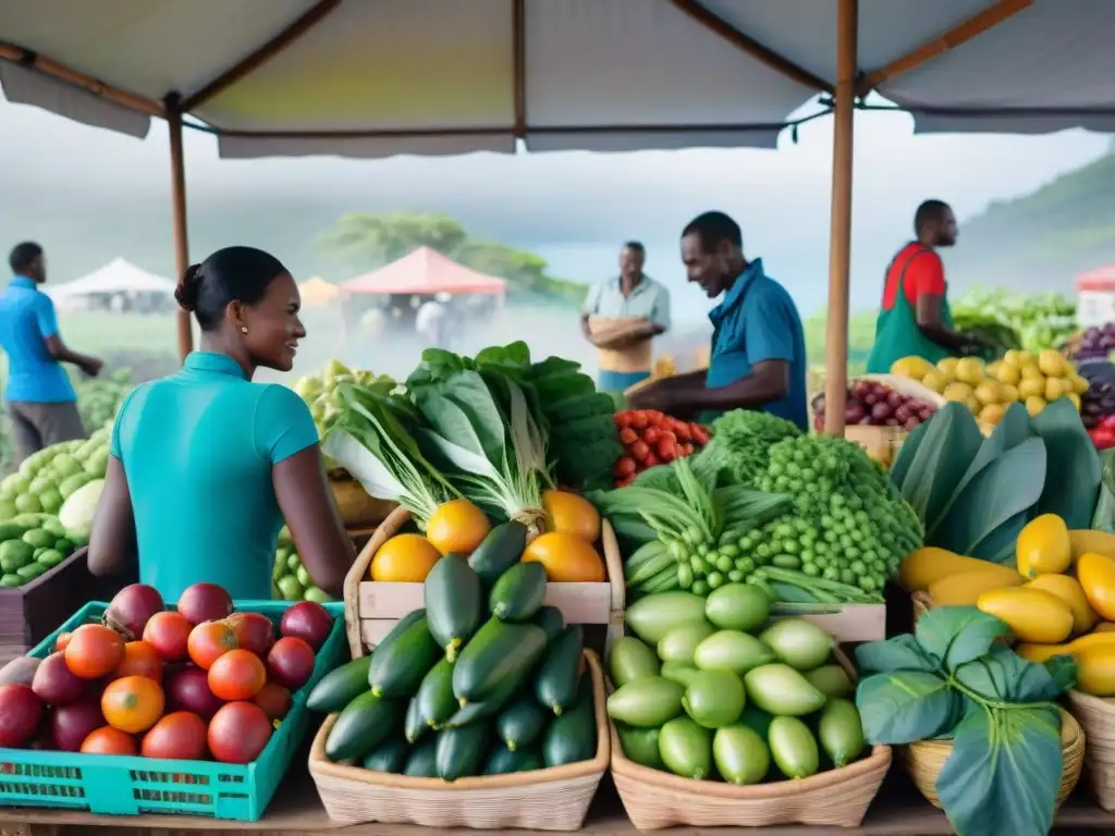 Un mercado agrícola vibrante en Mayotte con ingredientes orgánicos en la cocina