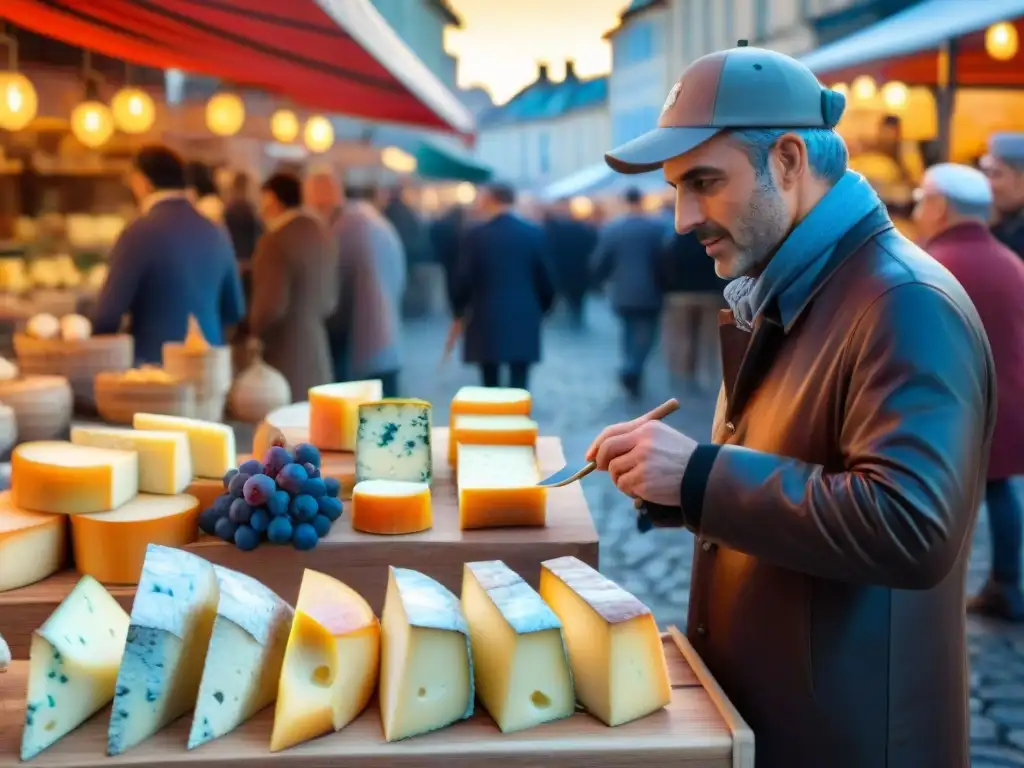 Un mercado vibrante en Burdeos, Francia, lleno de coloridas paradas de quesos, uvas frescas y vinos exquisitos