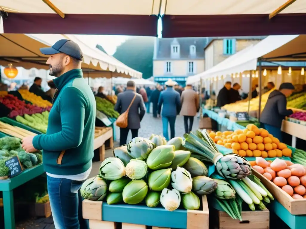 Mercado vibrante en Normandía con verduras frescas, tesoro culinario