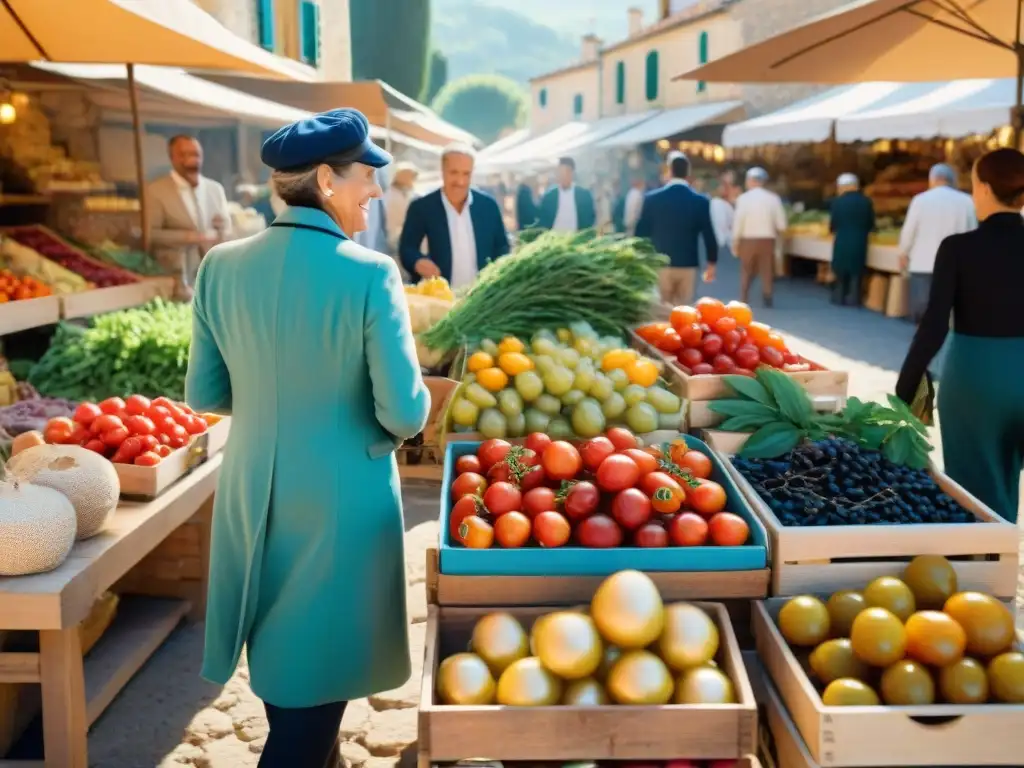 Un mercado vibrante en Provenza, Francia, con productos frescos y coloridos bajo el cálido sol matutino