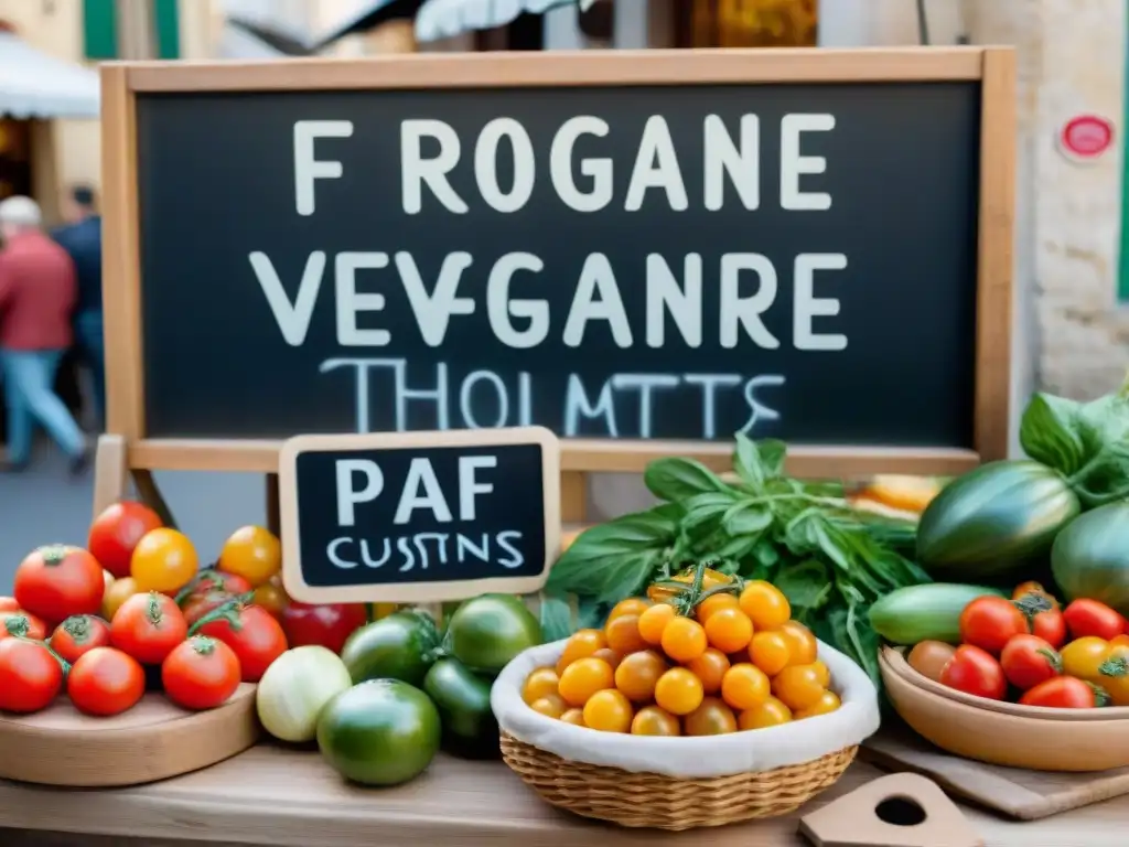 Un mercado vibrante en Francia con productos frescos y una panadería vegana, fusionando cocina francesa y adaptación vegana