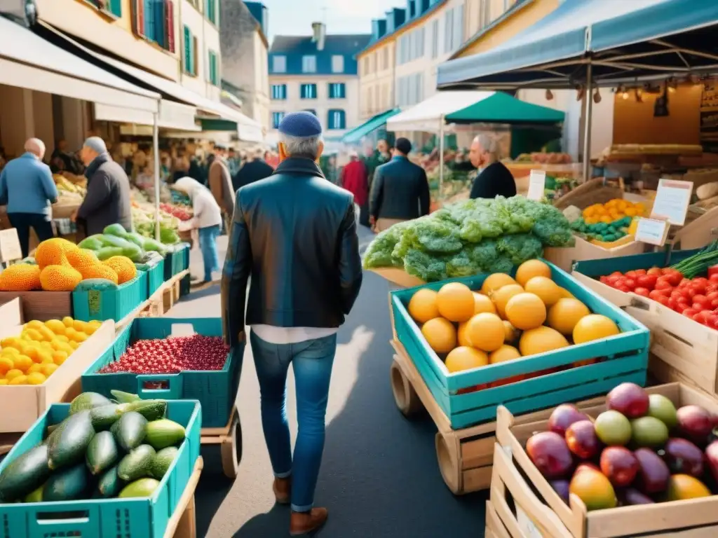 Mercado agrícola vibrante en Francia, con productos frescos en cestas coloridas