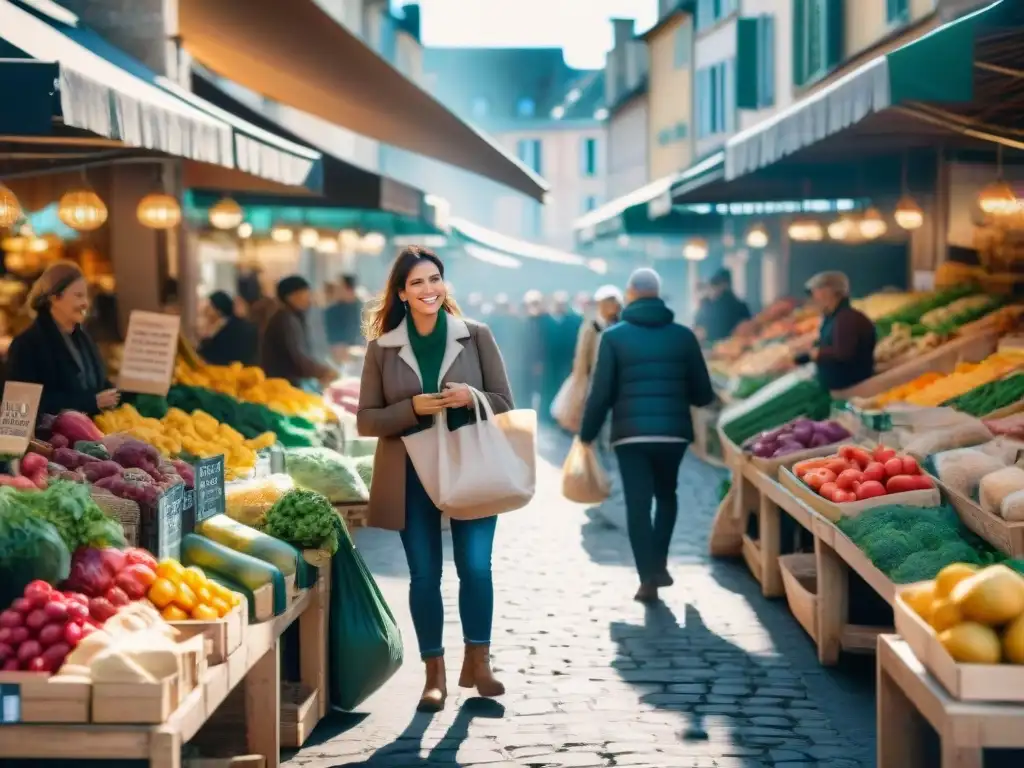 Mercado francés vibrante con productos frescos y diversidad de clientes, promoviendo la reducción del desperdicio alimentario