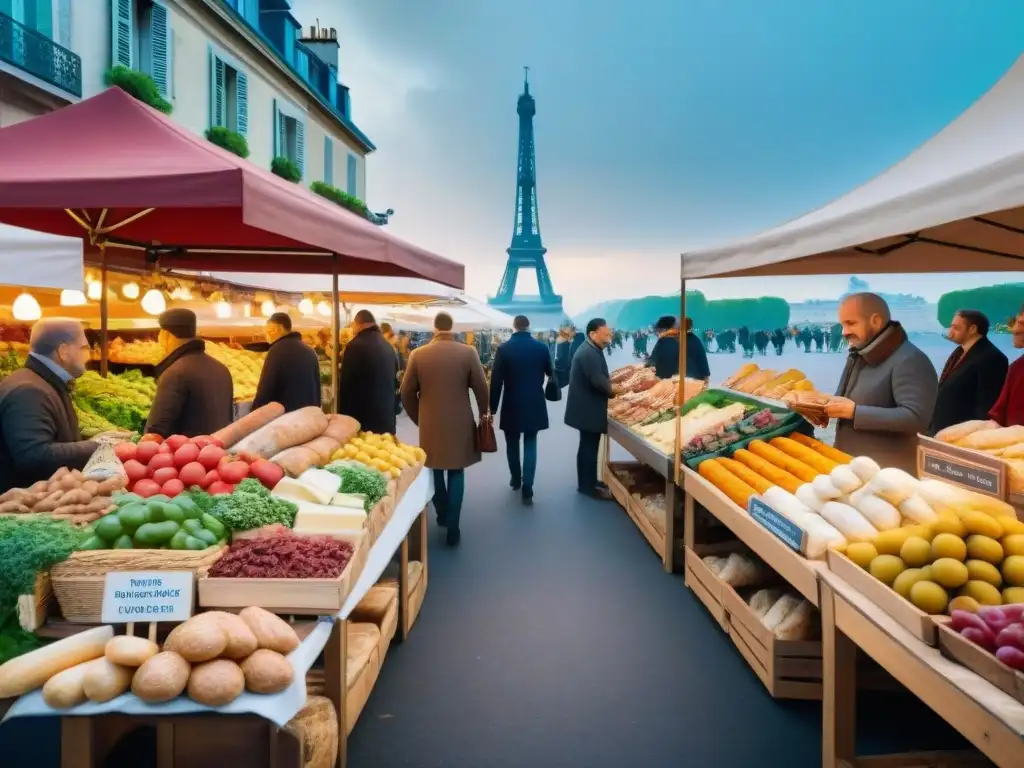 Mercado francés vibrante con productos frescos y la Torre Eiffel de fondo, ideal para un tour de gastronomía francesa con apps