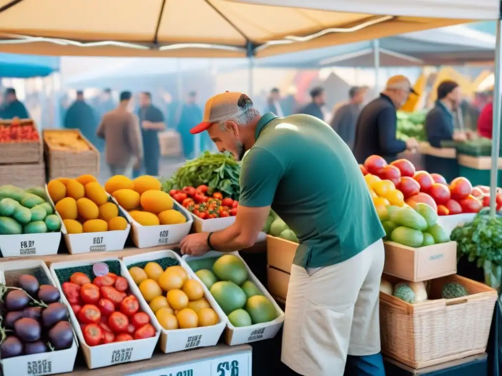 Un mercado agrícola vibrante en Francia, con productos frescos y coloridos que reflejan la esencia de la gastronomía francesa