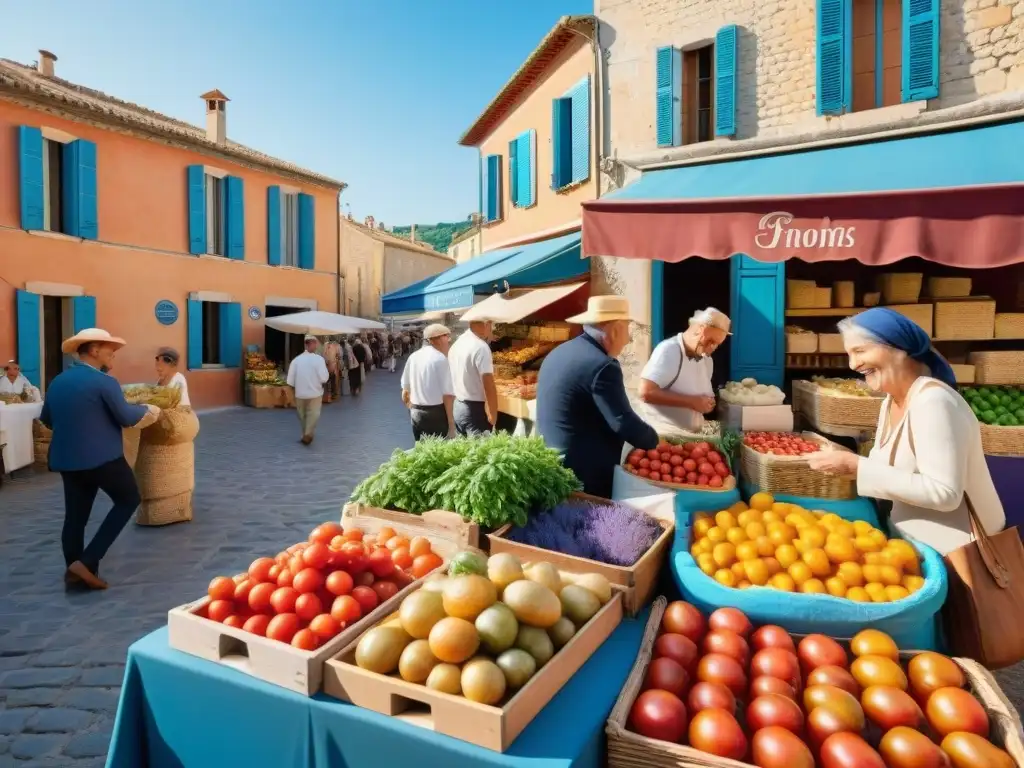 Un mercado vibrante en Provenza: tomates hermosos, lavanda fragante, quesos artesanales, baguettes recién horneadas y vinos locales