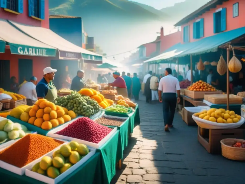 Mercado vibrante en Guadalupe: colores, aromas y sabores locales Mercado vibrante en Guadalupe con puestos de frutas, especias y mariscos