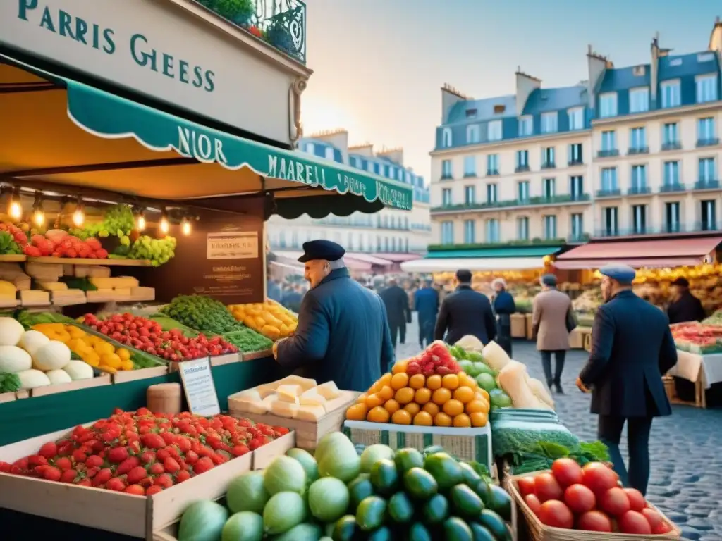 Mercados de París: escena bulliciosa llena de productos frescos y coloridos, envuelta en la atmósfera culinaria francesa