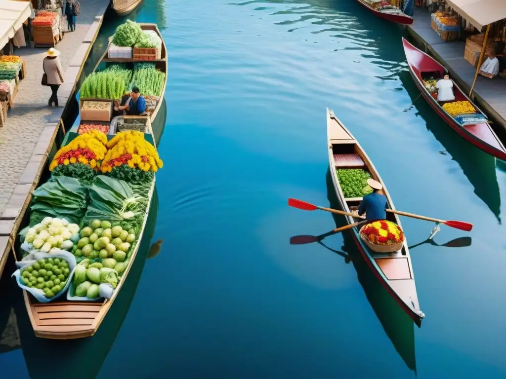 Mercados flotantes en Francia con coloridos botes y productos locales