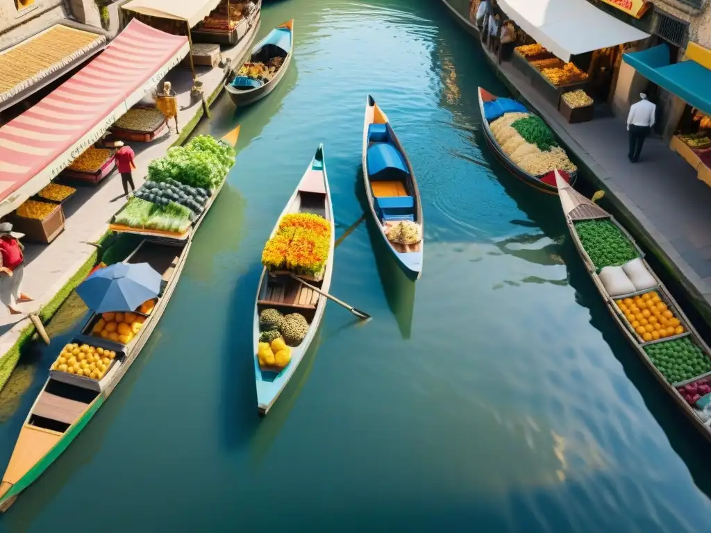 Mercados flotantes gastronomía Francia: Escena colorida de mercado francés tradicional con barcos y productos frescos en canal pintoresco