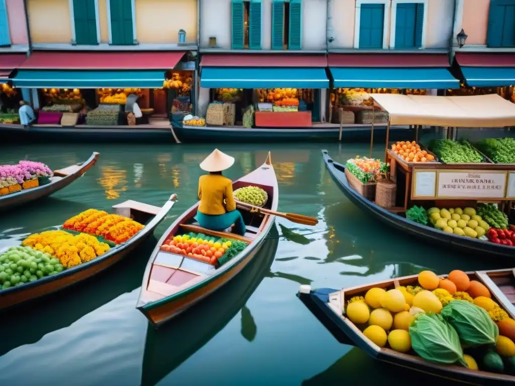 Mercados flotantes en Francia: escena vibrante con vendedores locales, frutas y flores coloridas en barcas tradicionales