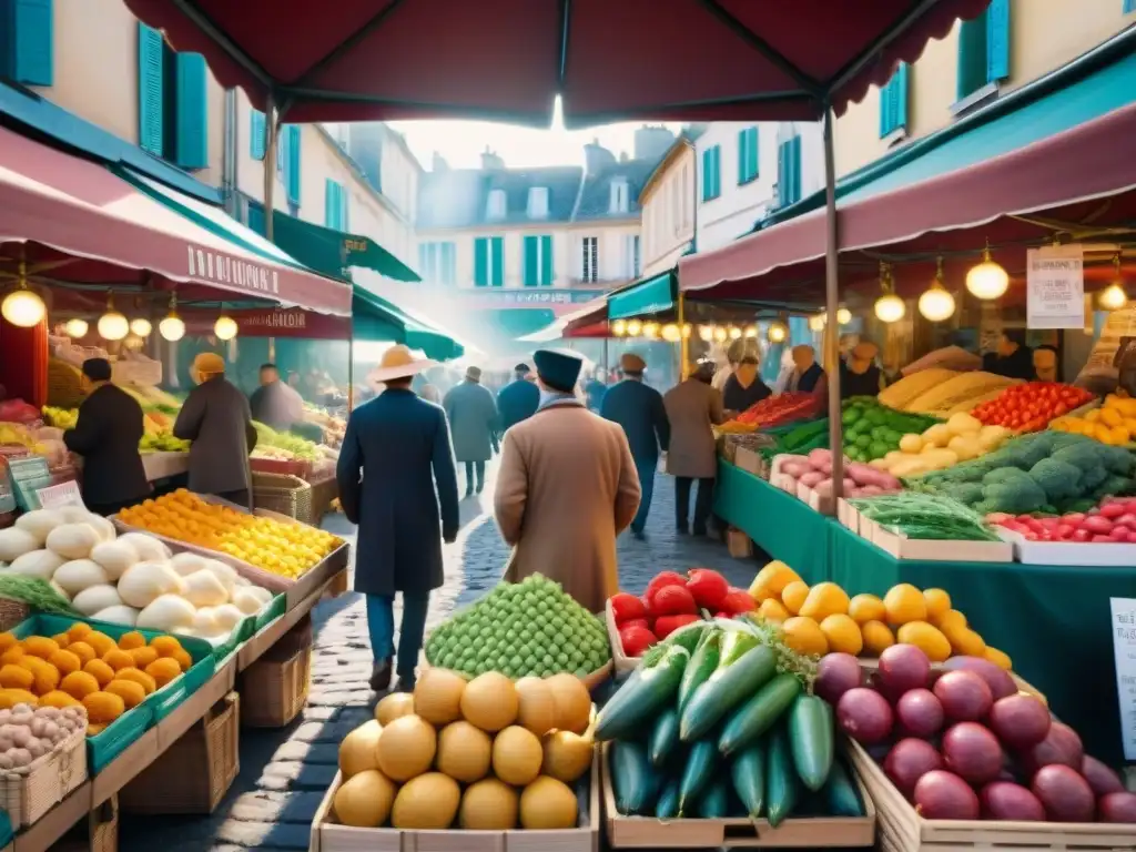 Mercados franceses tradicionales gastronomía: Escena vibrante de un mercado francés con puestos de frutas y verduras coloridas, vendedores y clientes