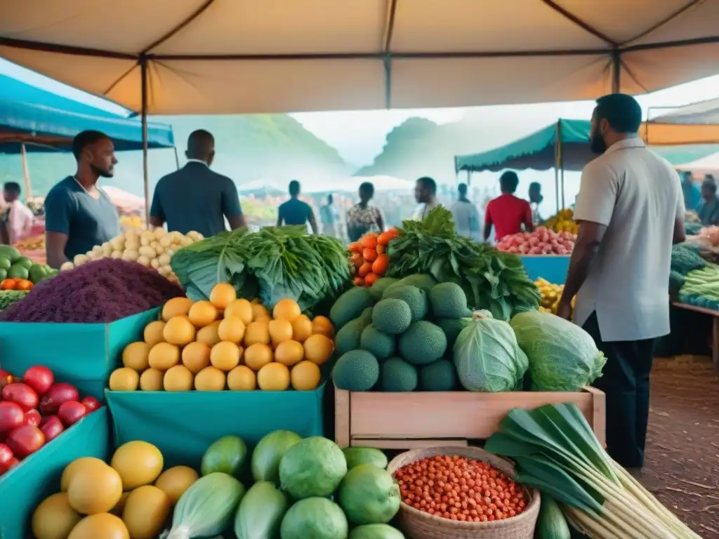 Mercados locales en Mayotte: una bulliciosa escena llena de frutas frescas, verduras coloridas y especias exóticas en un mercado vibrante