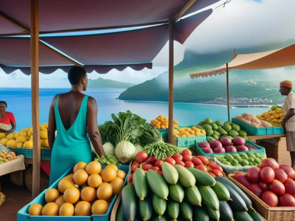 Mercados locales en Mayotte: Colorido mercado con frutas y verduras exóticas, comerciantes y arquitectura tradicional