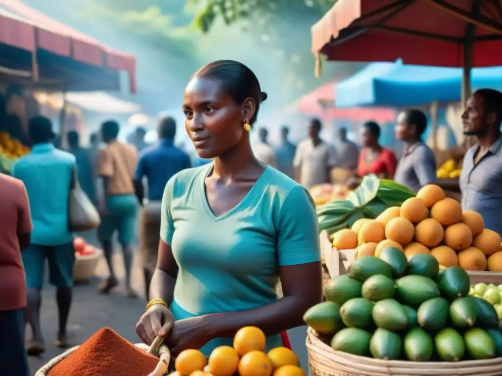 Mercados locales en Mayotte: Escena vibrante de un mercado con puestos de frutas, especias y artesanías, locales regateando bajo el cálido sol