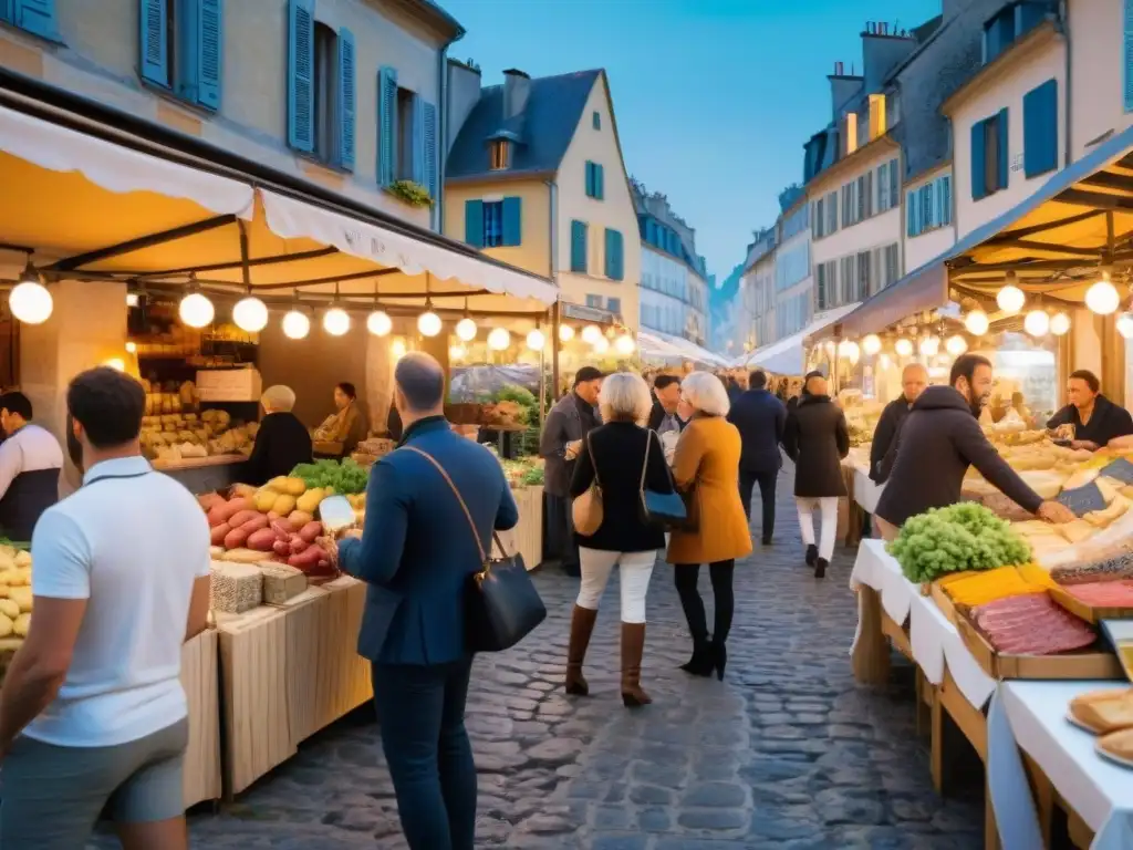 Mercados nocturnos gastronomía francesa: Animado mercado nocturno en Francia con luces cálidas, vendedores y delicias culinarias