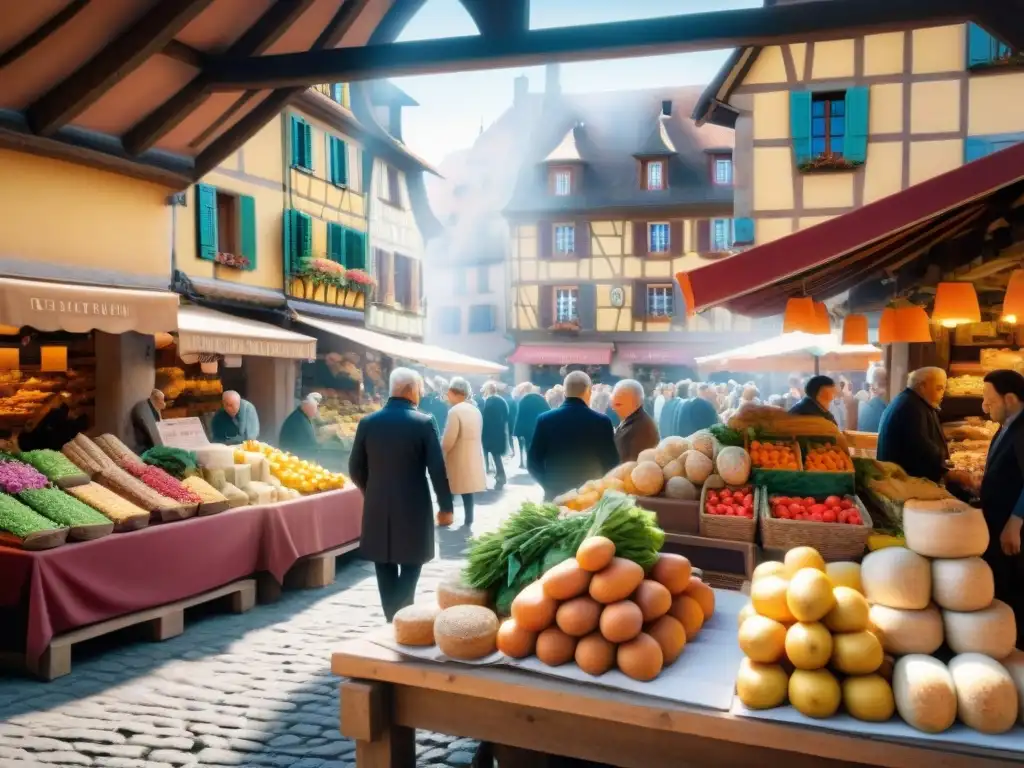 Mercados gastronomía Alsacia Francia: Escena vibrante de mercado con productos frescos y coloridos en Alsacia