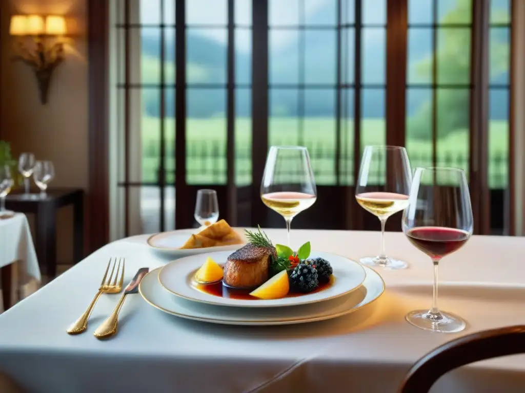 Una mesa perfectamente arreglada en un restaurante tradicional francés con exquisitos vinos y platillos gourmet