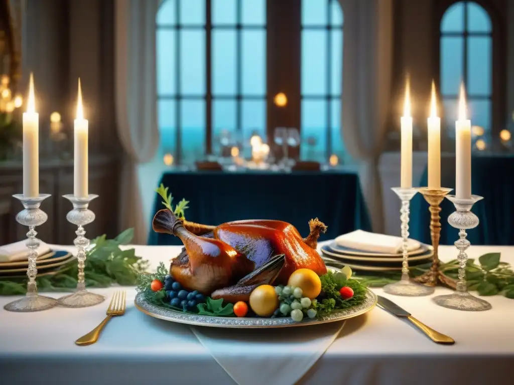 Una mesa de banquete lujosamente decorada al estilo del Renacimiento francés, con vajilla ornamental y platos decadentes como coq au vin y tarte Tatin