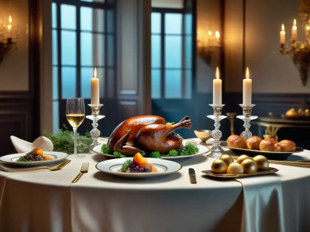 Una mesa de banquete francés de época en cine, con exquisita gastronomía y elegante ambientación