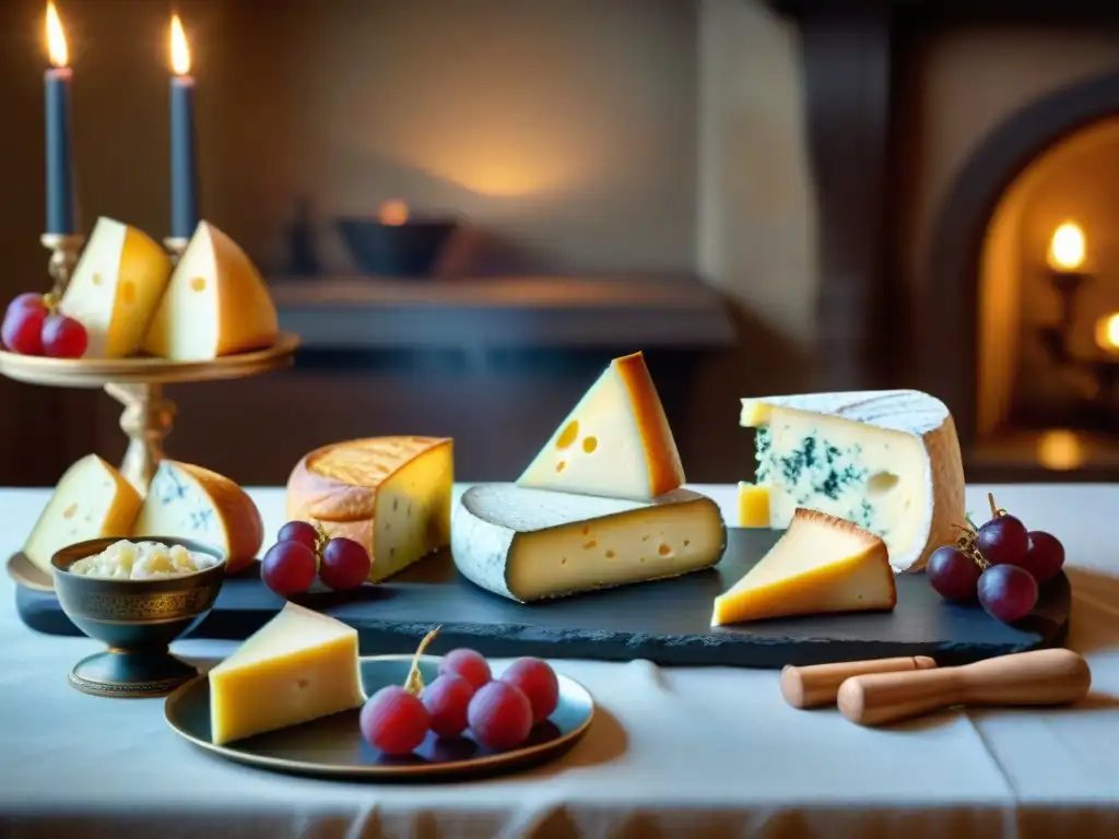 Una mesa de banquete francés con vinos, quesos y pastelería exquisita, bañada en la luz de velas, evocando la opulencia de la gastronomía francesa