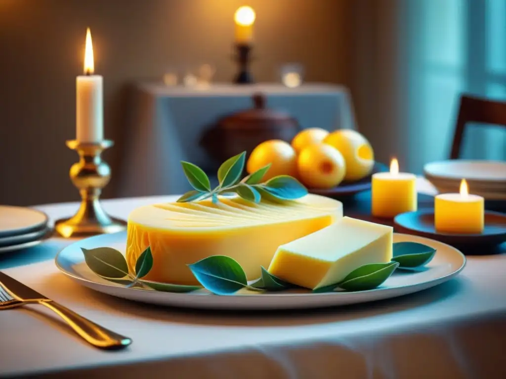 Una mesa de banquete francesa exquisitamente decorada con esculturas de mantequilla tallada, iluminada por velas