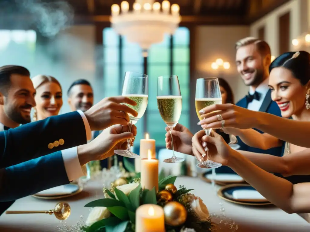 Una mesa de banquete lujosa con copas de champán y elegantes invitados brindando