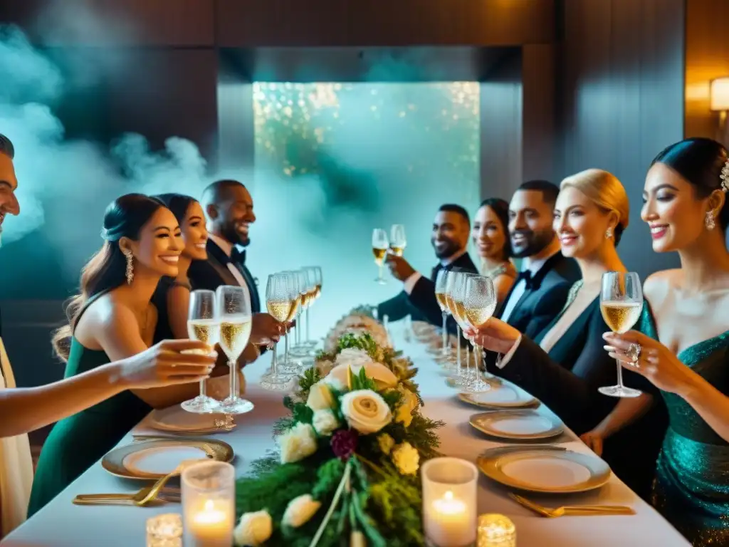 Una mesa de banquete lujosa con copas de champán, platos decadentes y personas elegantes brindando