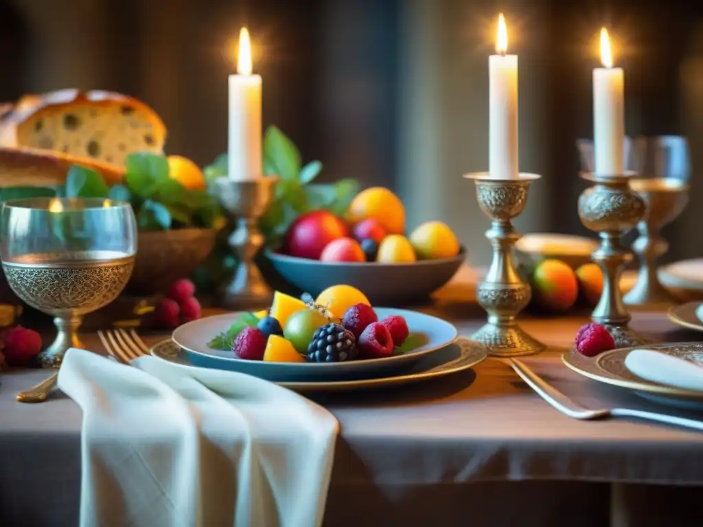 Una mesa de banquete medieval llena de lujo y opulencia, con detalles ornamentados y colores vibrantes