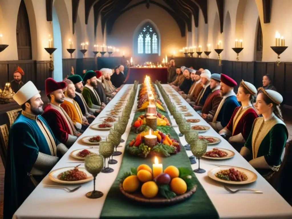 Una mesa de banquete medieval francés llena de manjares rodeada de nobles