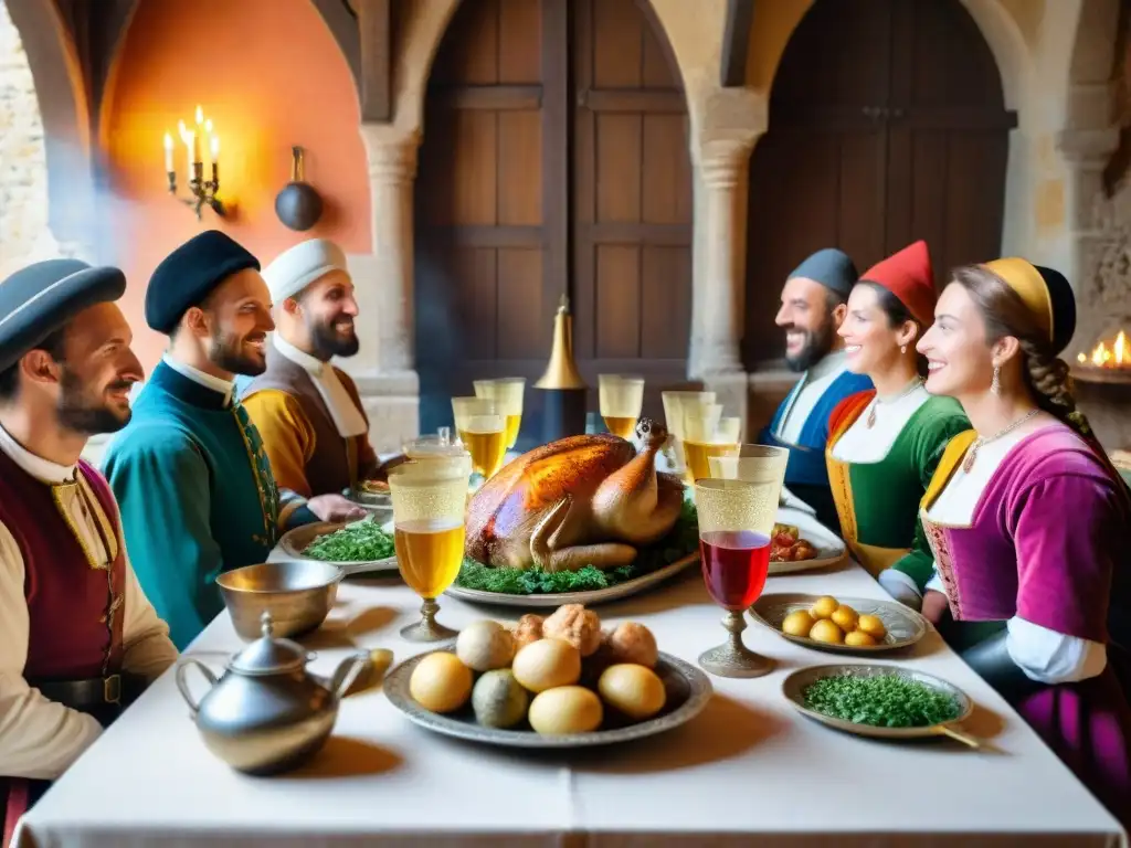 Una mesa de banquete medieval francés con sabores tradicionales y colorida decoración, rodeada de nobles y campesinos