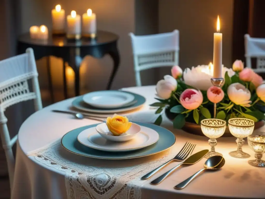 Mesa de banquete parisino elegante con vajilla de porcelana, cubiertos de plata y centro de mesa floral en tonos pastel