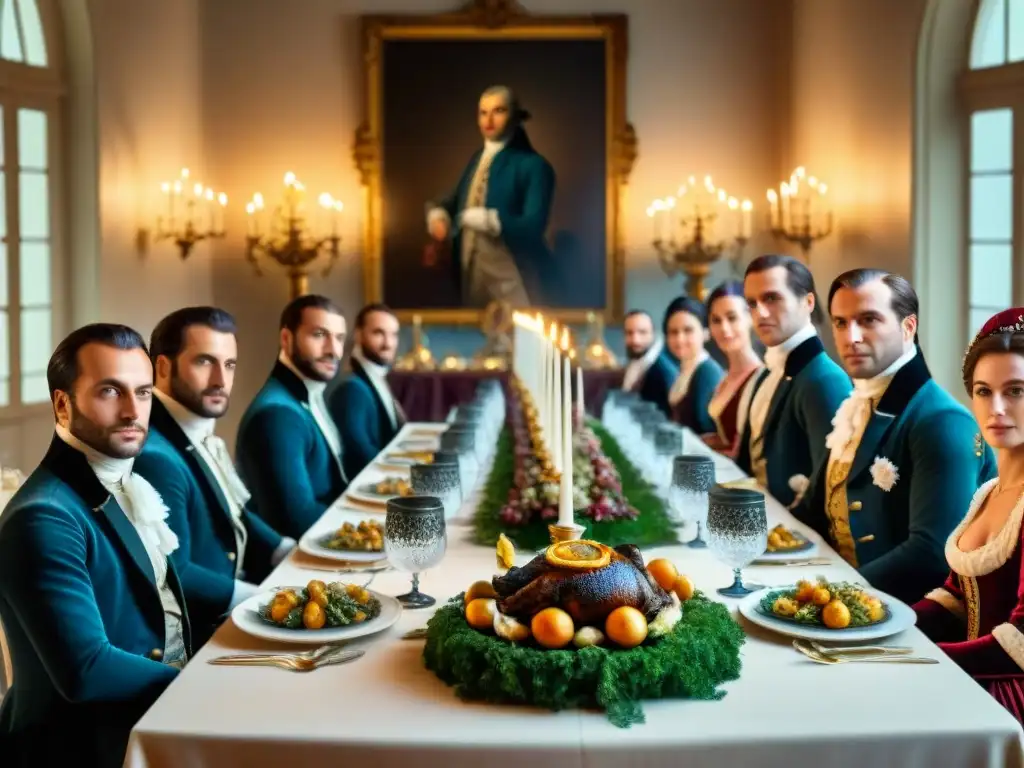 Una mesa de banquete durante la Revolución Francesa con exquisiteces como coq au vin y escargot