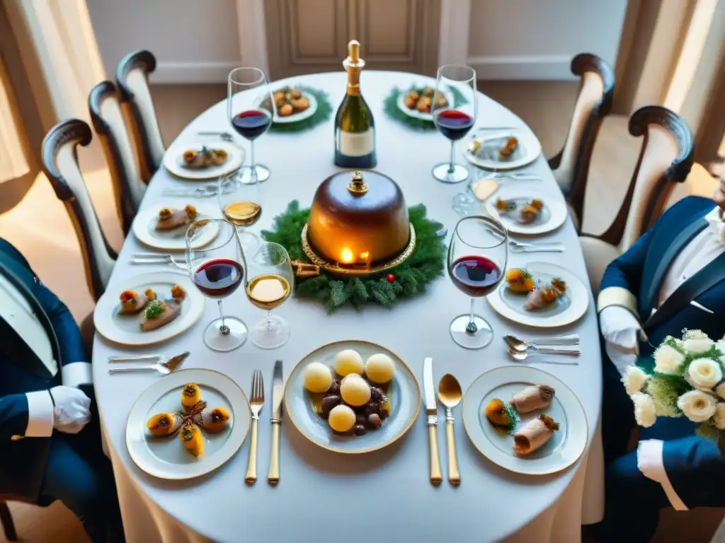 Una mesa de banquete revolucionario con exquisita gastronomía francesa y comensales vestidos de la era