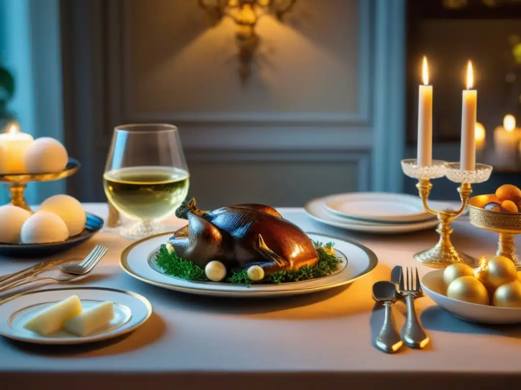 Una mesa de banquete del Siglo XIX en Francia, lujosa vajilla de plata, fina porcelana y exquisitos platillos franceses, iluminada por velas