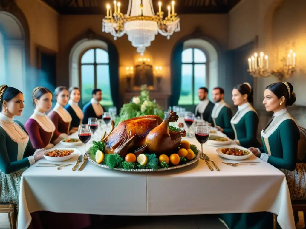 Mesa de banquete en chateau francés del siglo XVIII con gastronomía francesa, rodeada de elegantes comensales en animada conversación