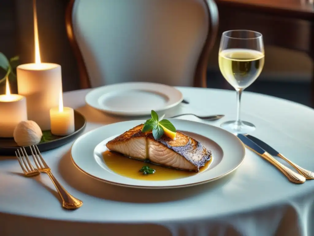 Una mesa de bistró francés con una exquisita receta de Sole Meunière, ambiente cálido iluminado por velas