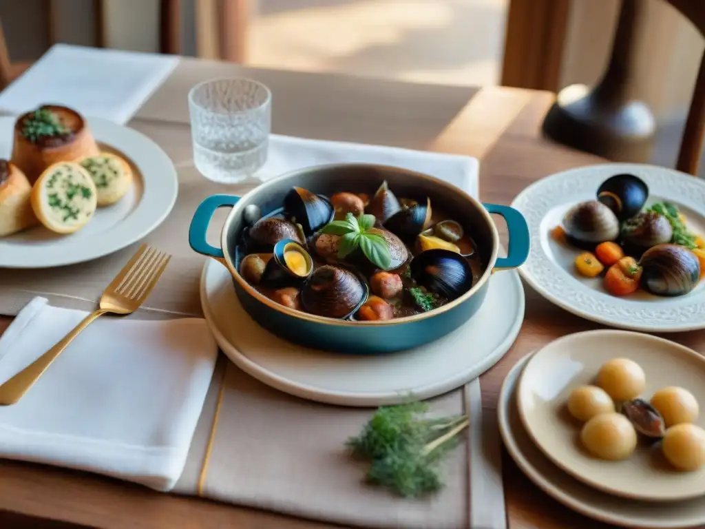 Una mesa de bistró francés con platos clásicos de la gastronomía francesa, iluminada suavemente, mostrando innovaciones culinarias