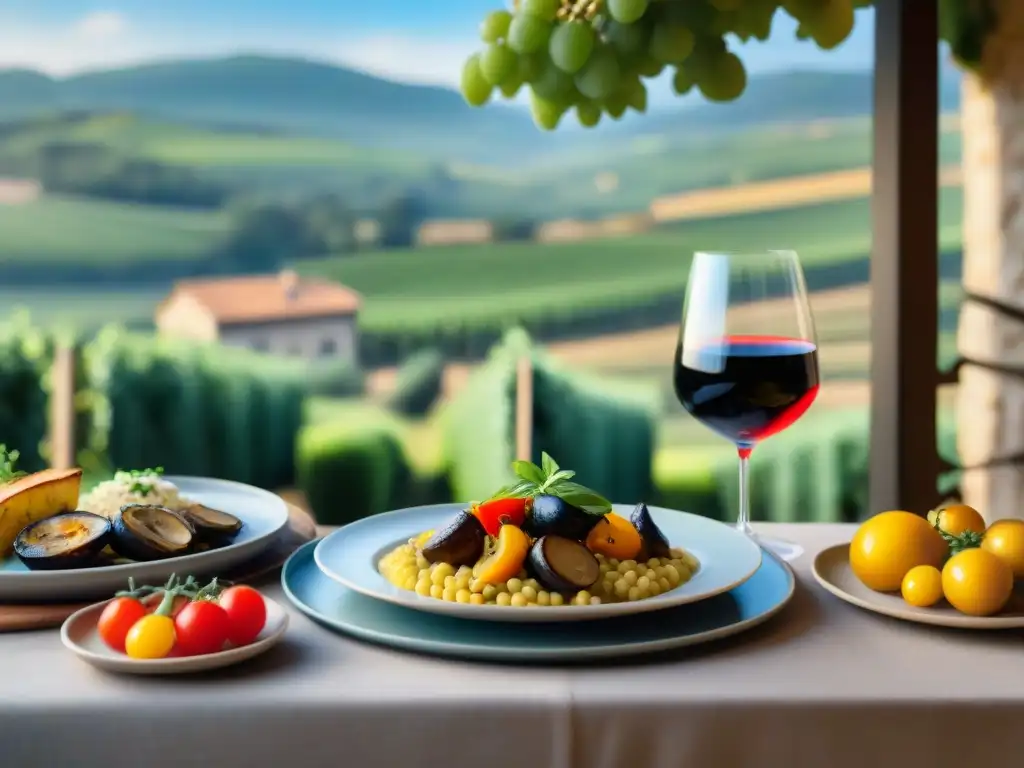 Una mesa de bistró francés rústico con exquisitos platillos vegetarianos y vinos franceses, en un ambiente campestre encantador