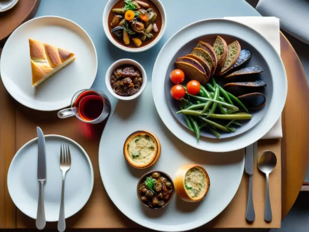 Delicias Veganas en Bistró Francés: Coq au Vin y Más Una mesa de bistró francesa rústica con platos veganos tradicionales franceses y vino Bordeaux vegano