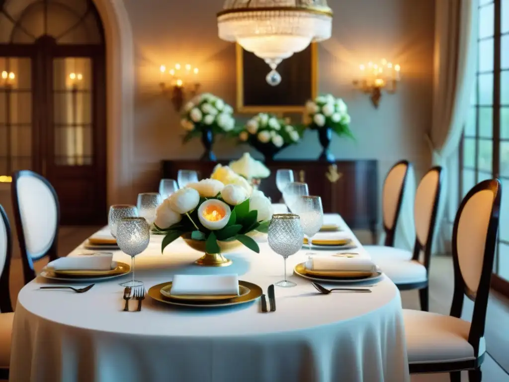 Una mesa de cena lujosamente decorada en un château francés, con vajilla, copas y cubiertos de alta gama