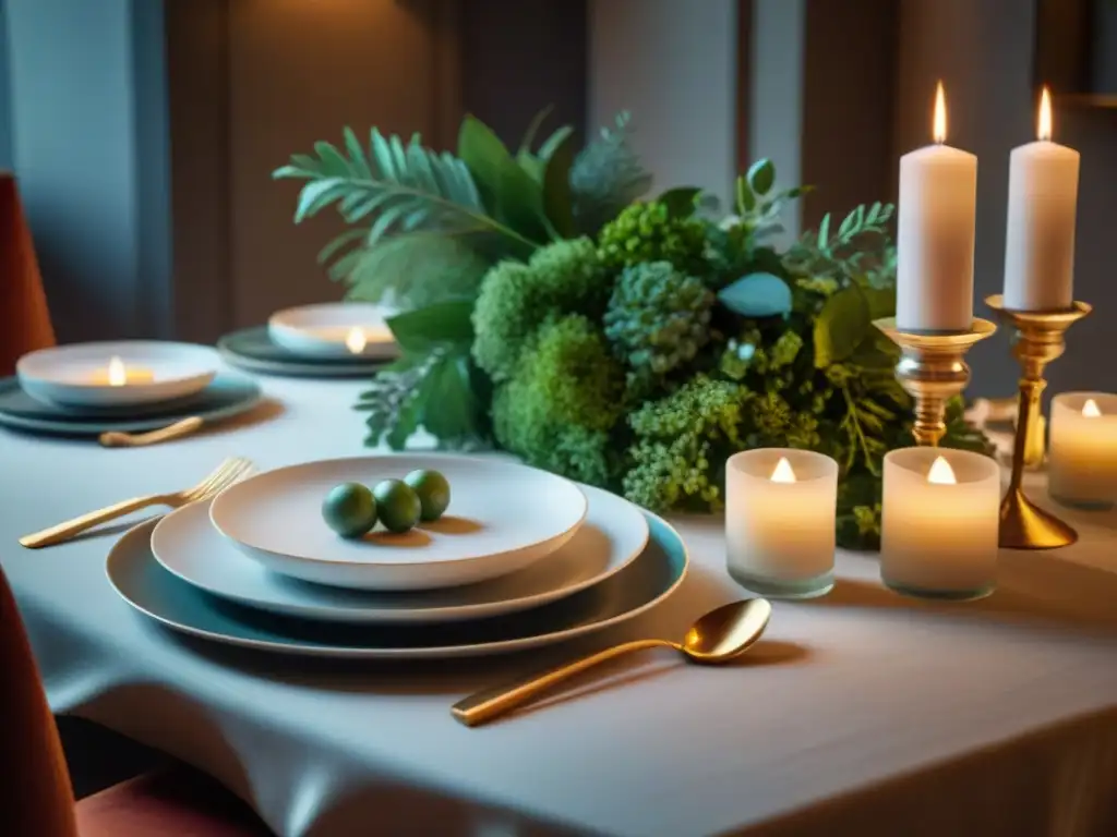 Una mesa de cena elegante iluminada por velas, con sombras danzantes y un ambiente sofisticado