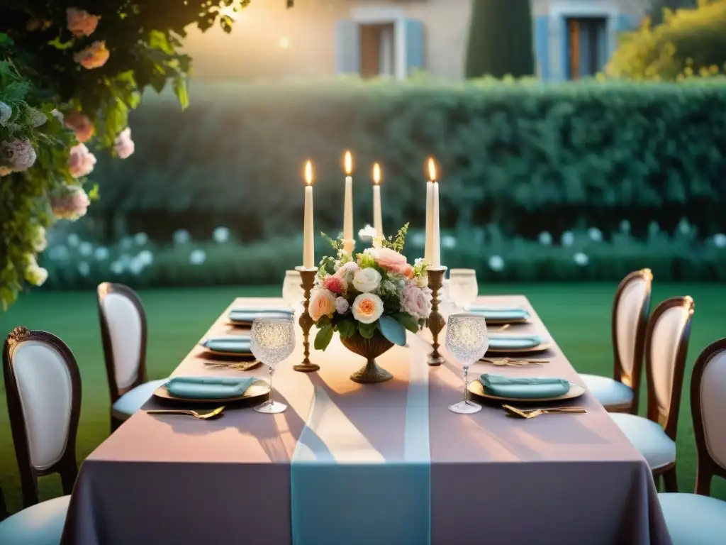 Una mesa de cena elegante en un jardín francés al anochecer, iluminada por velas y cristalería, creando una atmósfera ideal para cenas gourmet