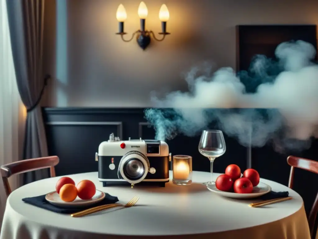 Una mesa de cena elegante inspirada en el cine francés, con una iluminación cálida y ambiente acogedor