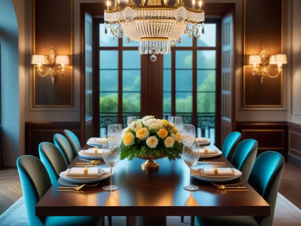 Una mesa de cena elegante con vajillas de lujo para cena francesa, cristalería fina y arreglos florales vibrantes en un ambiente de refinada elegancia