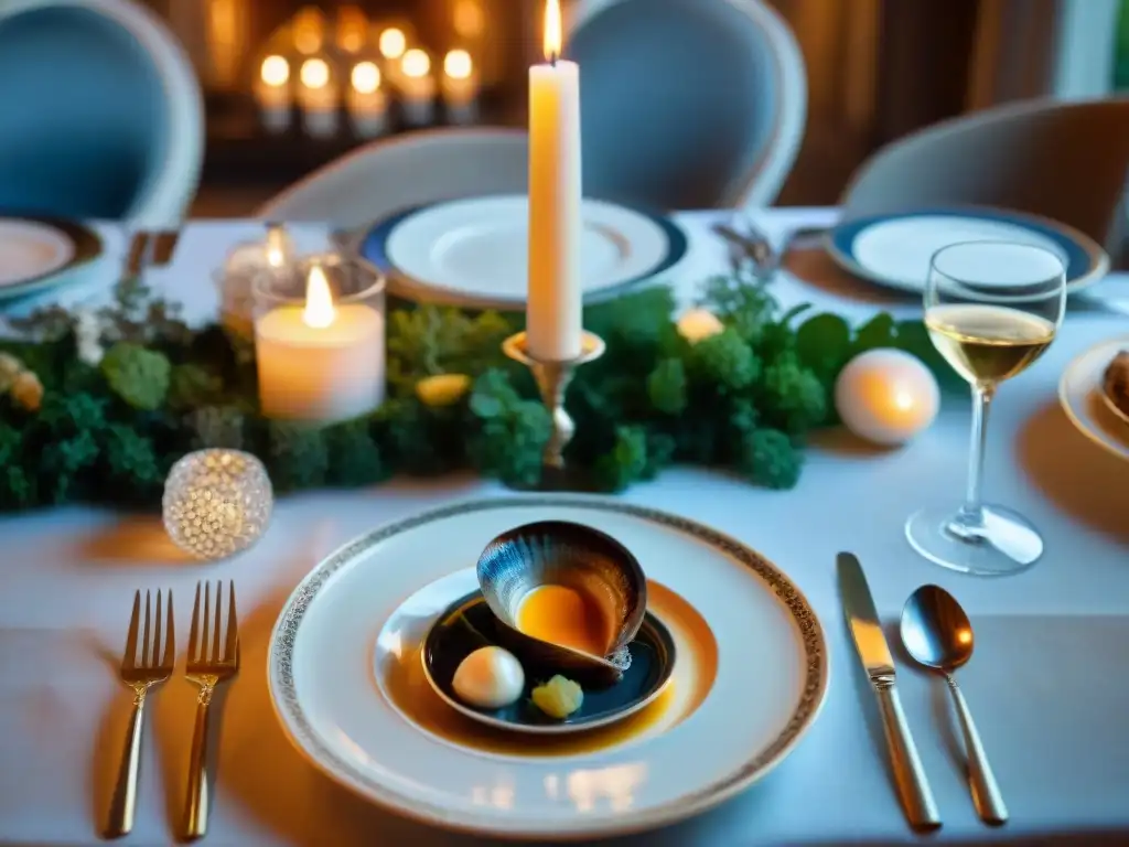 Una mesa de cena francesa exquisitamente decorada con fina vajilla, cristalería, cubiertos y arreglos florales, iluminada por suave luz de velas