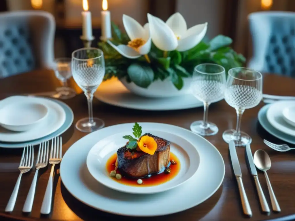 Una mesa de cena francesa elegantemente decorada con fina vajilla, copas de cristal, cubiertos de plata y un vibrante centro floral